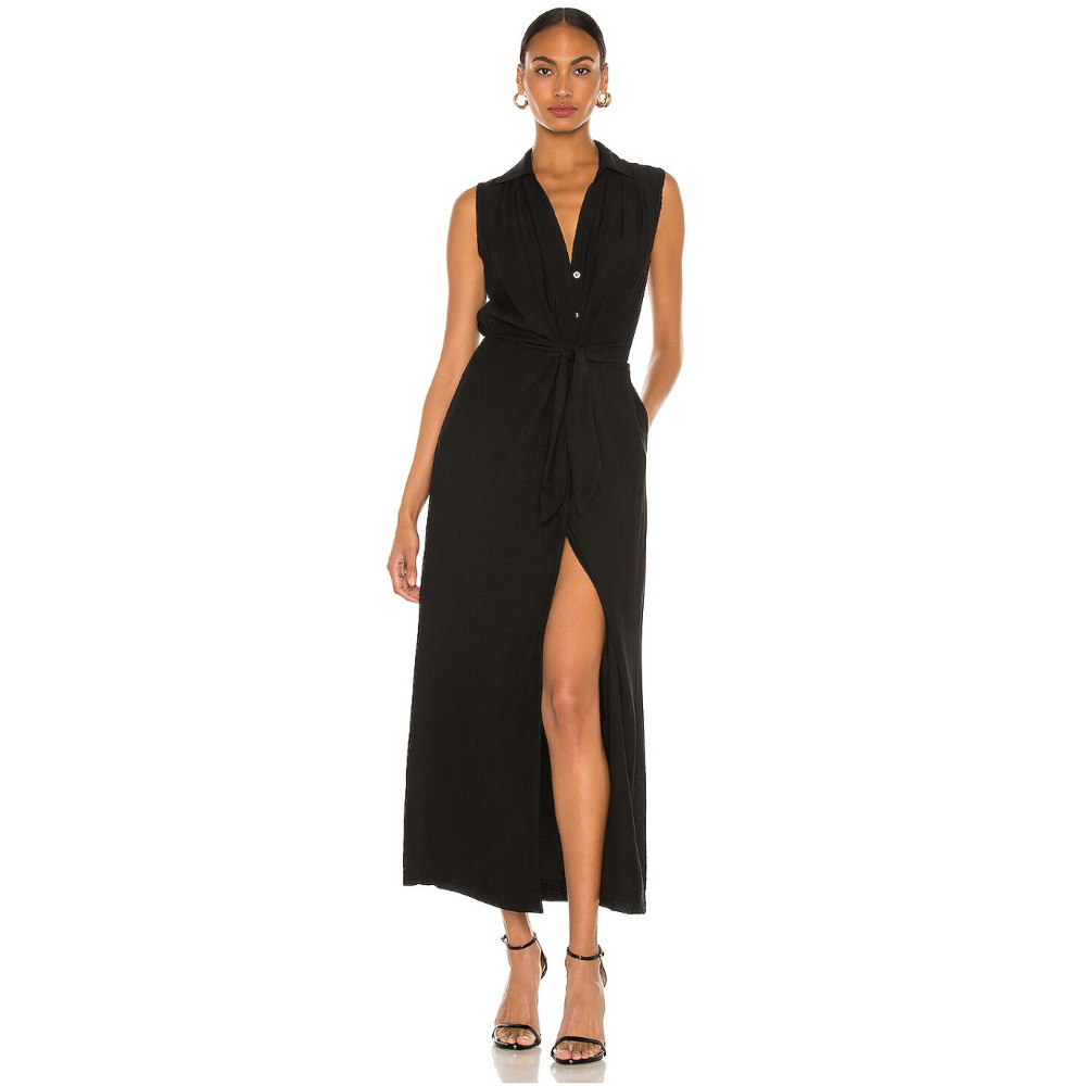 Brochu Walker Madsen Midi Dress Black Front Tie Shirred Crinkle Sleeveless Sz XS